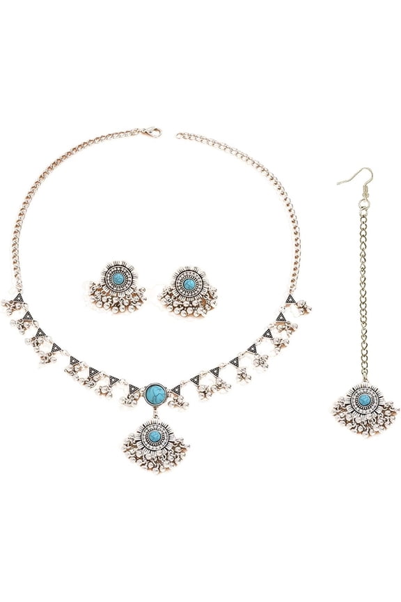 Indian Ethnic Jhumka Jewelry Set for Women Bead Ball Stud Earrings Maang Tikka Oxidized Antique Traditional Jhumki Pendant Bib Choker Necklace Boho Gypsy Wedding Bridal Jewelry Dance Prom Accessories