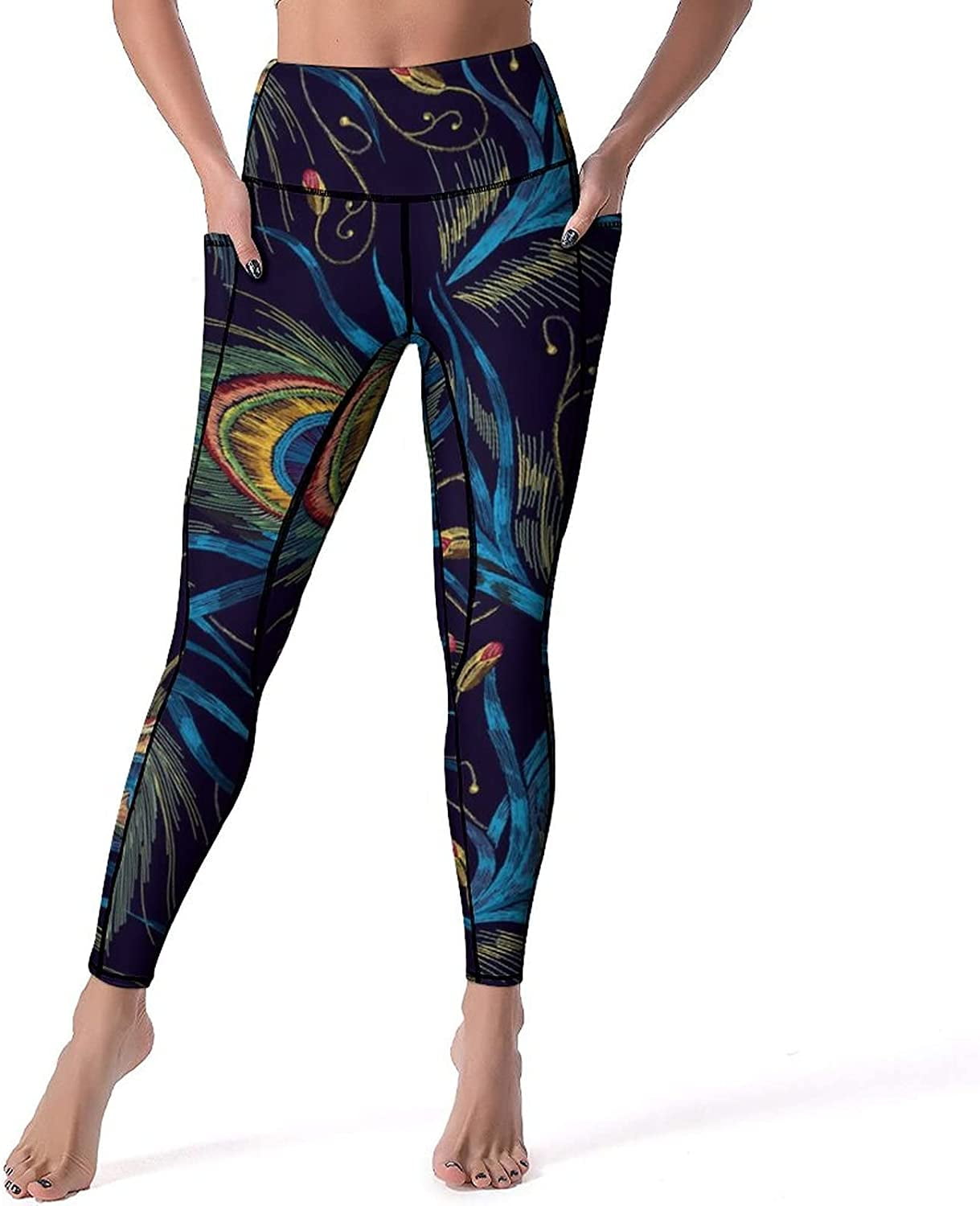 Indian Ethnic Peacock Feather Women's High Waist Yoga Pants with