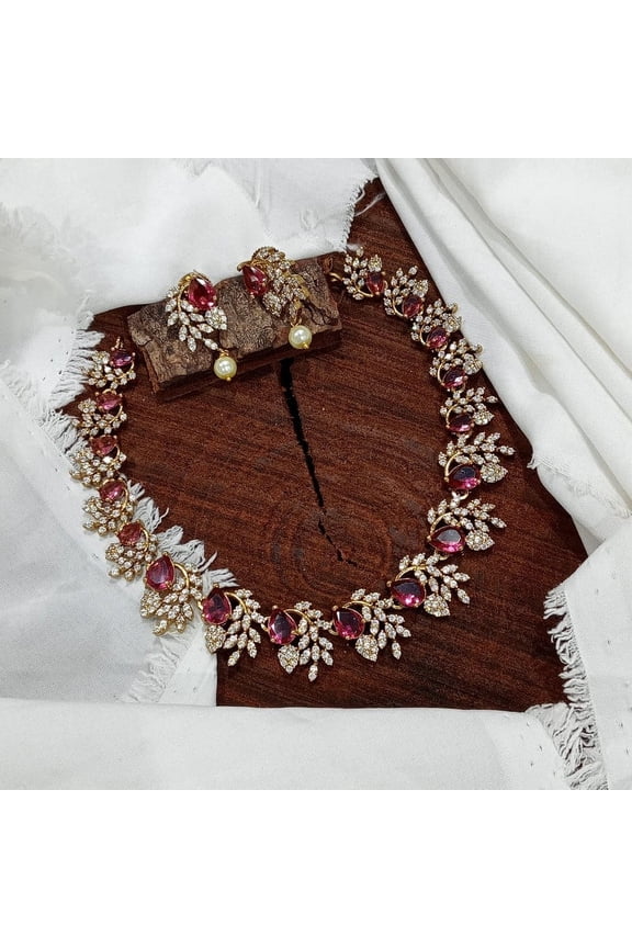 Indian Ethnic Ruby Necklace Choker Set - Dainty South Indian Short Necklace with CZ Stones, Temple Bridal Jewelry, Silver PlatedJewelry for Weddings