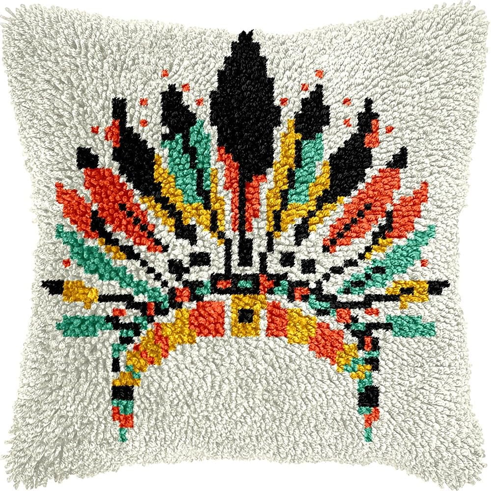 Indian Feather Crown Latch Hook Pillow Kits for DIY Throw Pillow Cushion Embroidery Latch Hooking Pillowcase Kits with Preprinted Canvas Crochet Yarn Kits for Home Decor 17''X 17''(C56)