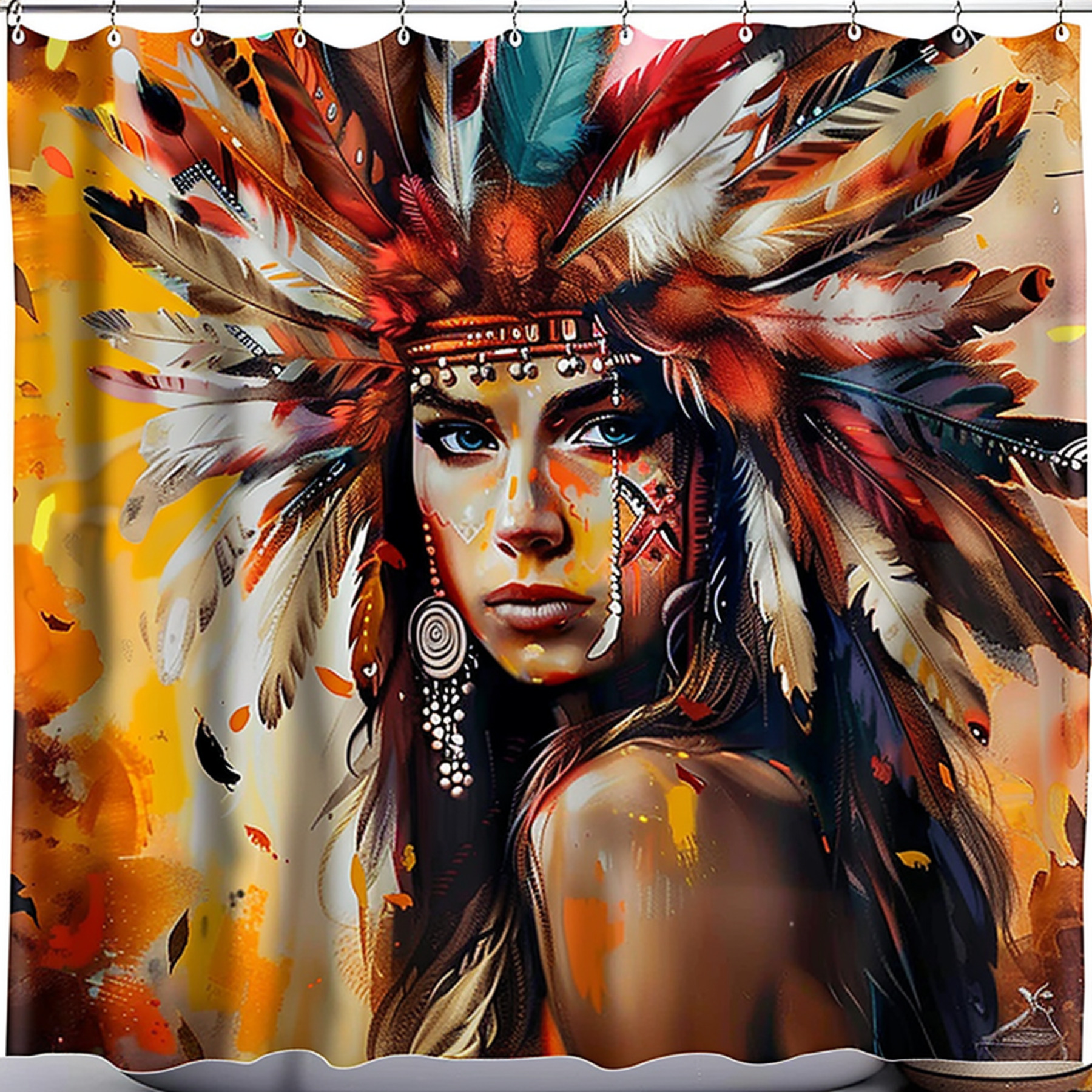 Indian Feather Headdress Shower Curtain Ethnic Style Bathroom Decor