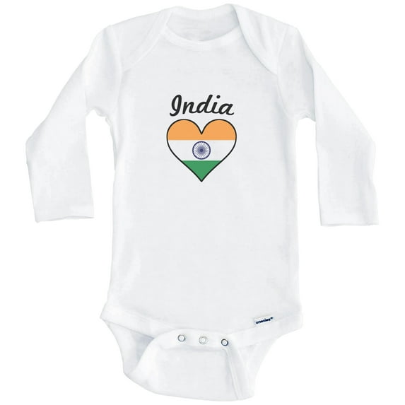 Indian Flag Heart India One Piece Baby Bodysuit (Long Sleeve), 6-9 Months White