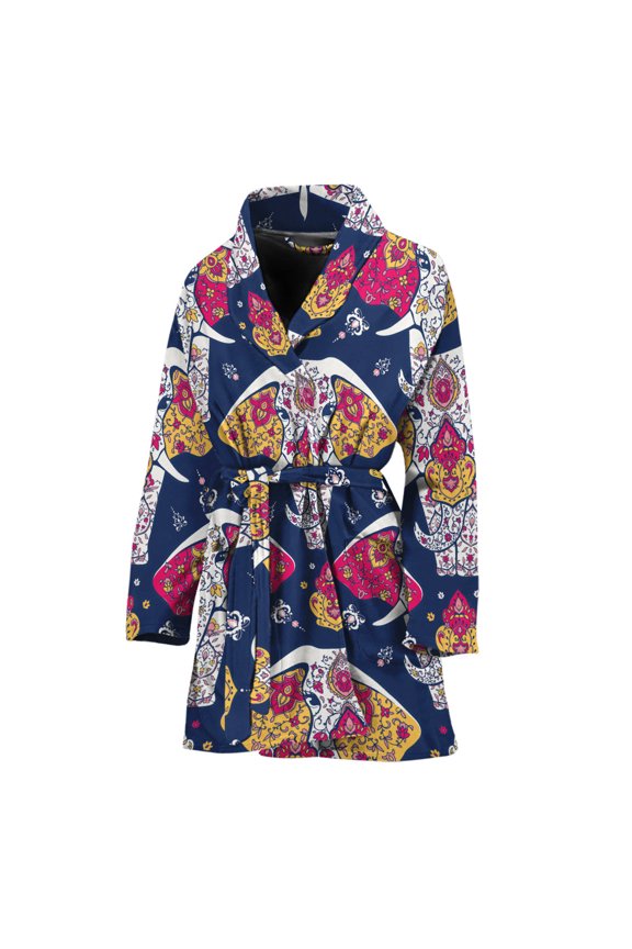 Indian Floral Elephant Pattern Women Bathrobe One Size Univeral Fits, Indian Bohemian Floral Fashion Lightweight Plush Fleece Long Robe For Women
