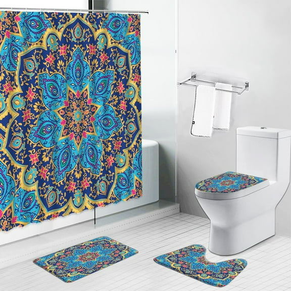 Indian Floral Mandala Flower Shower Curtains Bohemian Bathroom Curtain Toilet Cover Bath Mat Non-Slip Rug Set for Bathtub Decor