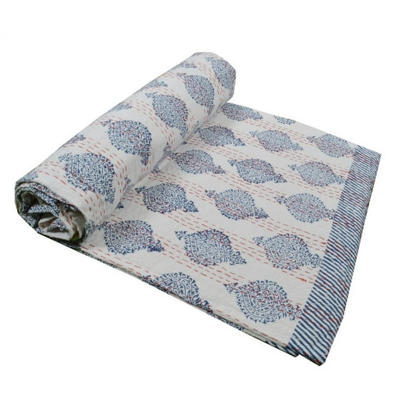 Indian Floral Print Kantha Quilt Single Size Bedding Throw Boho Reversible Bedspread Handmade Blanket Throw