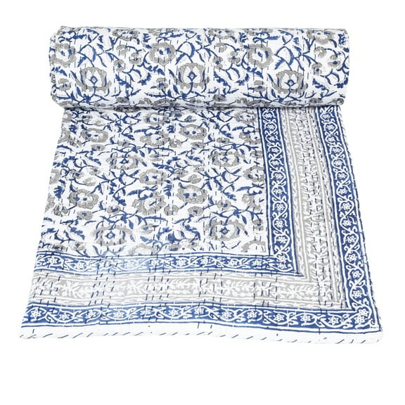 Indian Floral Print Kantha Quilt Throw Cotton Blanket Bedspread Hand Block Print Single Size