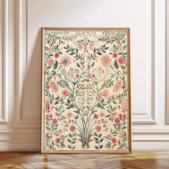 Indian Floral Vintage Botanical Illustration Heritage Colors Wall Art Print, Unframed Paper Poster 16x20in
