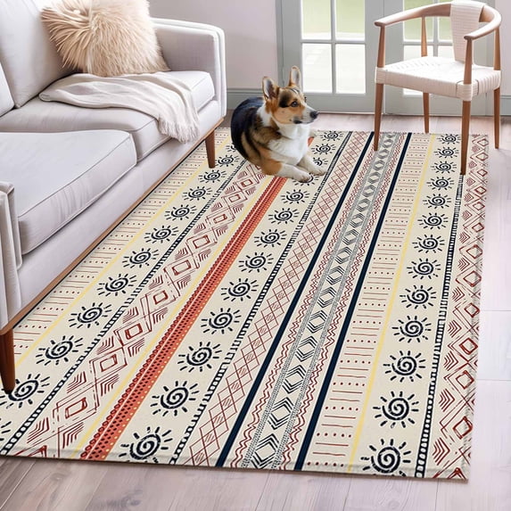 Indian Geometric 3x5 Area Rugs for Living Room, Lines Dots Sun Hand Drawn Overlay Non Slip Floor Mat Washable Low-Profile Indoor Carpet for Bedroom, Dining Room, Bathroom