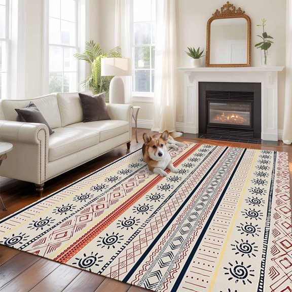 Indian Geometric 5x7 Area Rugs for Living Room, Lines Dots Sun Hand Drawn Overlay Non Slip Floor Mat Washable Low-Profile Indoor Carpet for Bedroom, Dining Room, Bathroom