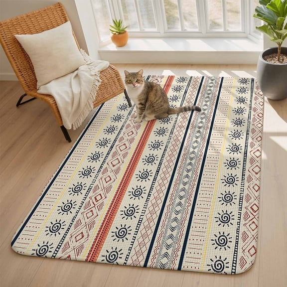 Indian Geometric Area Rugs for Living Room 5x6, Lines Dots Sun Hand Drawn Overlay Washable Area Rug with Non Slip Backing, Stain Resist Linen Carpet for Bedroom, Dining Room, Entryway, Entrance