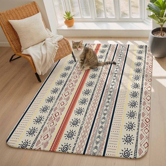 Indian Geometric Area Rugs for Living Room 5x7, Lines Dots Sun Hand Drawn Overlay Washable Area Rug with Non Slip Backing, Stain Resist Linen Carpet for Bedroom, Dining Room, Entryway, Entrance