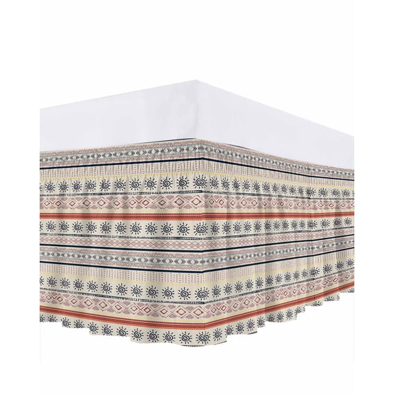 Indian Geometric Bed Skirt Lines Dots Sun Hand Drawn Overlay Bed Skirts Queen Size 18 Inch Drop, Wrap Around Dust Ruffle Bedskirt with Adjustable Elastic Belt for Queen Size Beds