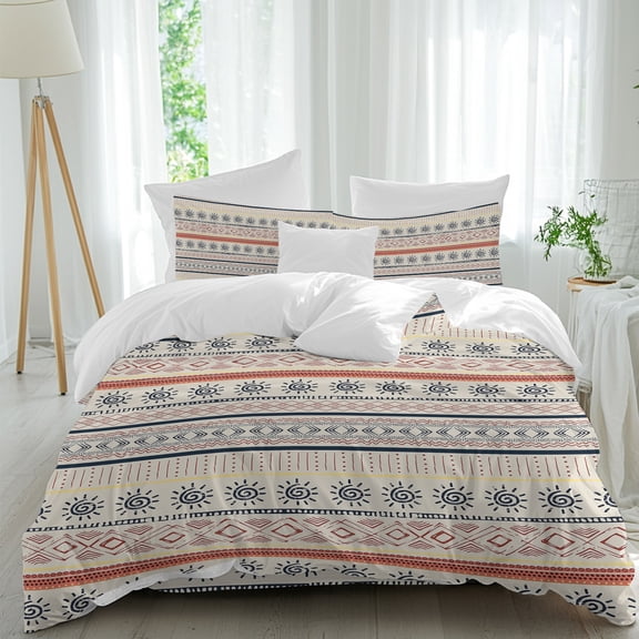 Indian Geometric Comforter Set California King Size, Lines Dots Sun Hand Drawn Overlay Soft Bedding Set for Man Woman, 4 Pieces Duvet Cover Set with Fitted Sheet, 2 Pillowcases