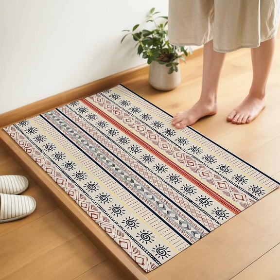 Indian Geometric Door Mat 16x24 Inch Lines Dots Sun Hand Drawn Overlay Entryway Rug with Non-Slip Rubber, Inside Floor Mats Front Door Rug for Living Room Bathroom Bedroom Home Office