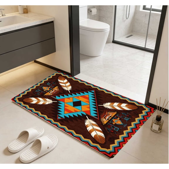 Indian Geometric Feather Floor Mat - Wear Resistant, Decorative Ethnic Style Rug for Living Room, Bedroom, 1 Piece 40x60cm