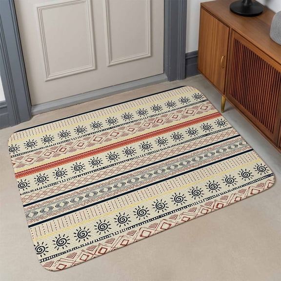 Indian Geometric Front Door Mat Indoor Entrance, Lines Dots Sun Hand Drawn Overlay Absorbent Dirt Resist Welcome Mats Non-Slip Low-Profile Doormat Washable Entry Rug Indoor Outdoor 17x30 Inch