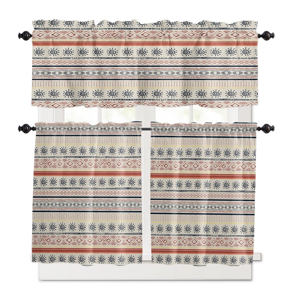 Indian Geometric Kitchen Curtains Valance and Tier Set Lines Dots Sun Rod Pocket Short Curtains for Small Window 3 Pieces Set for Bedroom Bathroom Cafe (54" x 18"+27" x 24")