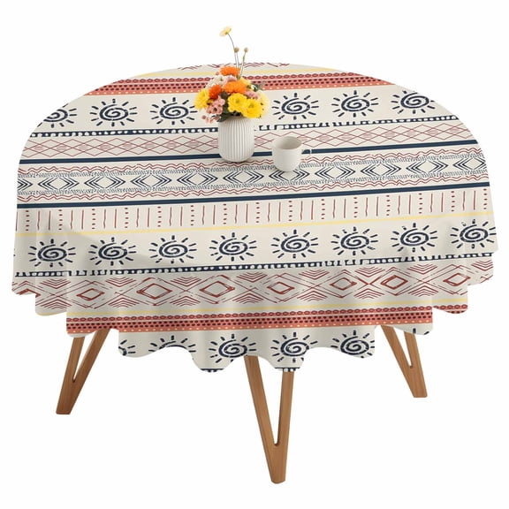 Indian Geometric Round Tablecloth 60 inches Lines Dots Sun Hand Drawn Overlay Waterproof Oil-Proof Table Cloth Round Table Cover for Holiday Party Picnic Dinner Decor Indoor and Outdoor Use