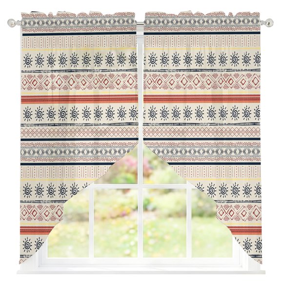 Indian Geometric Sheer Curtains Swag Valances for Windows Lines Dots Sun Hand Drawn Overlay Rod Pocket Swag Curtain Small Window Curtain for Kitchen Living Room Bedroom, 1 Pair 36"W x 36"L