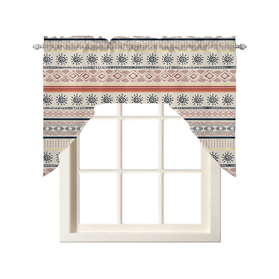 Indian Geometric Swag Valance and Tier Curtains Set Lines Dots Sun Hand Drawn Overlay Kitchen Curtains 3 Piece Set Rod Pocket Panels for Bedroom Cafe 56x36 inch