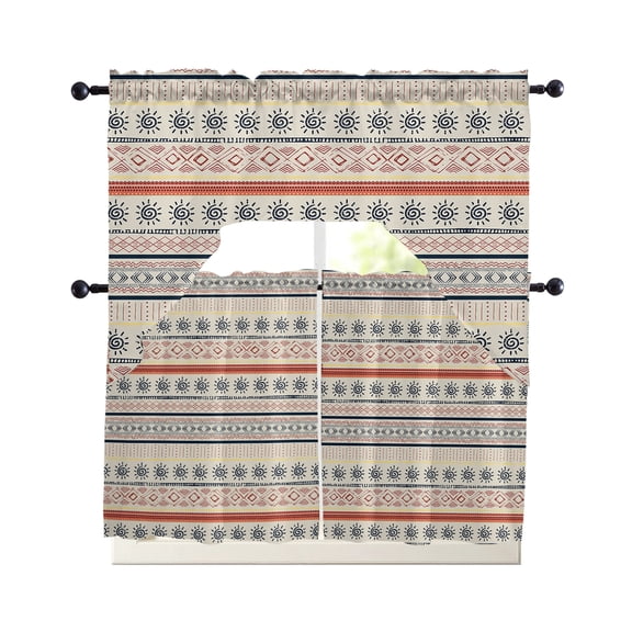 Indian Geometric Swag Valance and Tier Curtains Set Lines Dots Sun Hand Drawn Overlay Kitchen Curtains 3 Piece Set Rod Pocket Panels for Bedroom Cafe Swag Valances and 36 inches Tiers