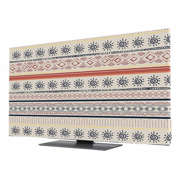 Indian Geometric TV Dust Cover 24 Inch, Lines Dots Sun Hand Drawn Overlay Computer Monitor Cover Dustproof Stretchable Indoor TV Screen Protector for LED LCD Universal Monitors