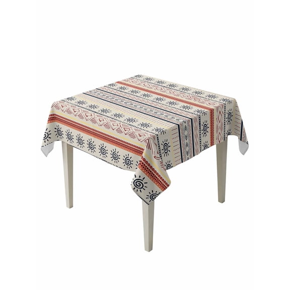 Indian Geometric Table Cloth 54x54 Inch Square, Lines Dots Sun Hand Drawn Overlay Waterproof Tablecloth Washable Table Cover for Party Picnic Dinner Decor