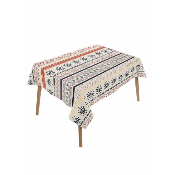Indian Geometric Table Cloth 60x102 Inch Rectangle, Lines Dots Sun Hand Drawn Overlay Waterproof Tablecloth Washable Table Cover for Party Picnic Dinner Decor