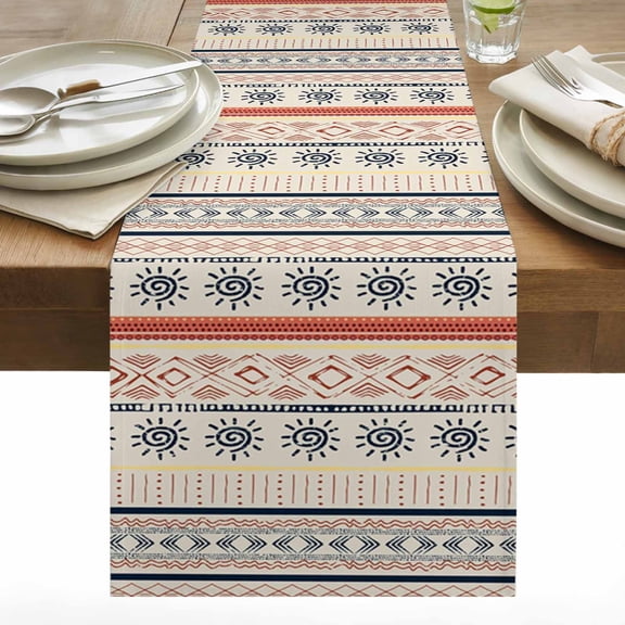 Indian Geometric Table Runner 13x36 inch Lines Dots Sun Cotton Linen Dining Table Runner Ideal for Dresser Kitchen Coffee Tables - Machine Washable