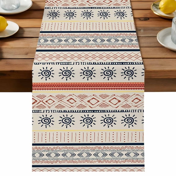 Indian Geometric Table Runner, Lines Dots Sun Cotton Linen Table Cloth, Hand Drawn Overlay Tablerunner for Kitchen Dining Party Wedding Home Decor 13x36 Inch