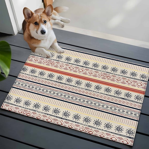Indian Geometric Washable Area Rug 2x3 Lines Dots Sun Hand Drawn Overlay Low-Profile Area Rugs with Non Slip Backing Indoor Floor Carpet for Entrance Living Room Bedroom Home Office