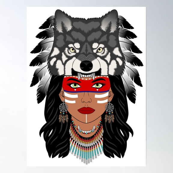Indian Girl, Wolf Head Poster Wall Art, Modern Wall Decor, 8x12 UNFRAMED
