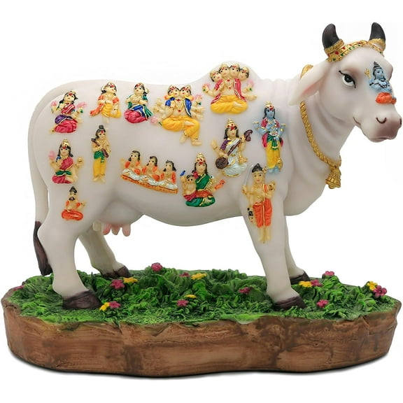 Indian God Wish-Fulfilling Cow Statue- 8.7L Indian Idol Kamadhenu Figurine Diwali Pooja Decor for Indian Man Woman Friends Family Diwali Gifts Murti Pooja Item Home Office Mandir Temple Puja Item