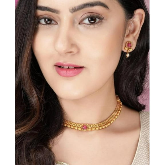 Indian Golden Touch Bridal Red Stone Premium Necklace Set With Earrings