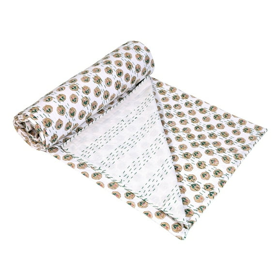 Indian Hand Black Print Kantha Quilt Throw Blanket Bedspread Hand Block Single Size Floral 00a14