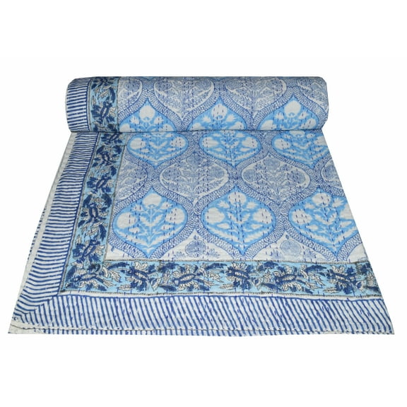 Indian Hand Block Floral Print Blanket Quilt Bedspread Throw Cotton Kantha Gudari Bedding Bed Cover Double Size