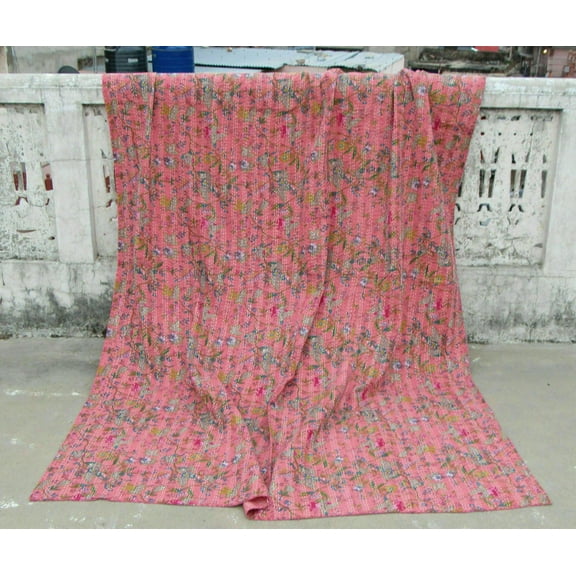 Indian Hand Block Kantha Double Size Quilt Cotton Pink Handmade Paradise Print Bedspread Blanket Throw Bedding