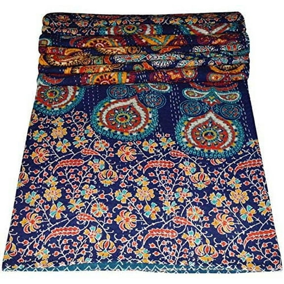 Indian Hand Block Mandala Print Kantha Quilt Queen Kantha Throw Blanket Cotton Bedspread Boho Quilt Vintage Gudari Kantha Quilts