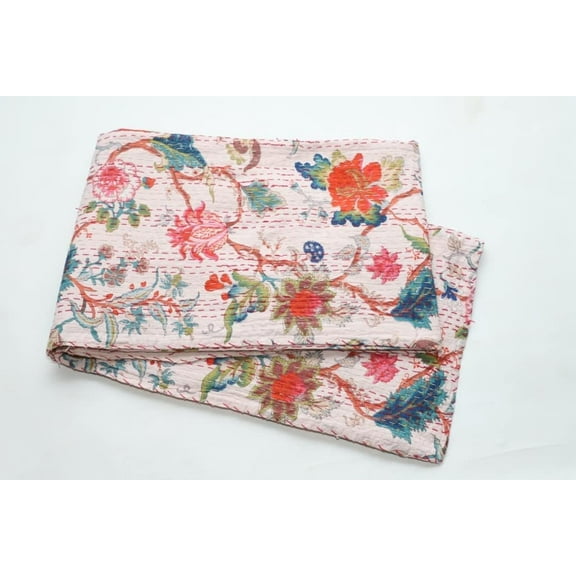 Indian Hand Block Pink Floral Print Quilt Cotton Kantha Quilts Handmade Quilt Kantha Throw Kantha Blanket Bedspread Throw Quilt King Size Quilt