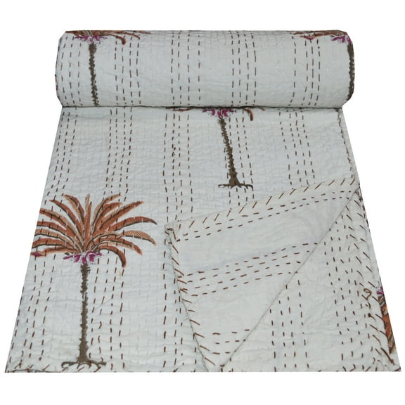 Indian Hand Block Print Blanket Quilt Bedspread Throw Cotton Kantha Gudari Bedding Bed Cover Double Size Palm Tree Print