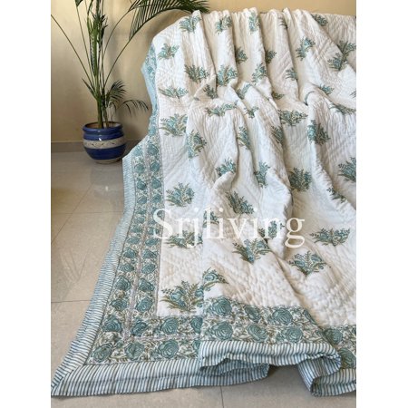 Indian Hand Block Print Handmade Queen Floral Cotton Quilted Quilt Cotton Reversible Queen Size Razai Quilt, Handmade Cotton Bedspread