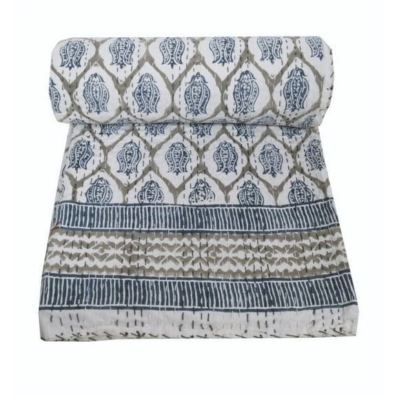 Indian Hand Block Print Kantha Quilt Kantha Throw Cotton Bedspread Indian Blanket Queen Size Quilt Kantha Bed over