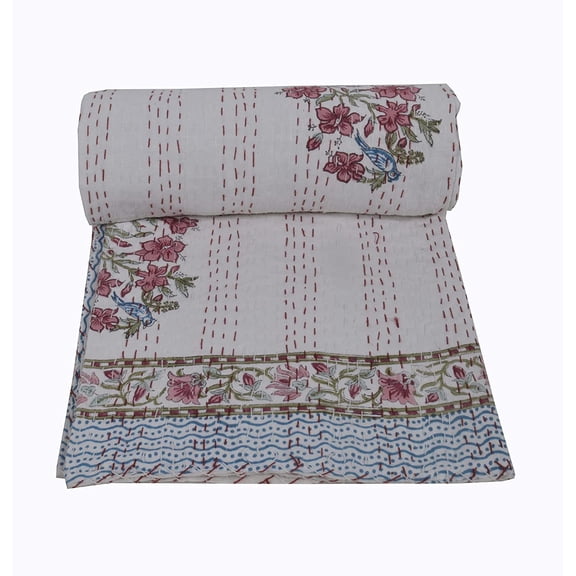 Indian Hand Block Print Kantha Quilt Kantha Throw Cotton Bedspread Indian Blanket Twin Size Quilt Kantha Bed over Cotton Quilt