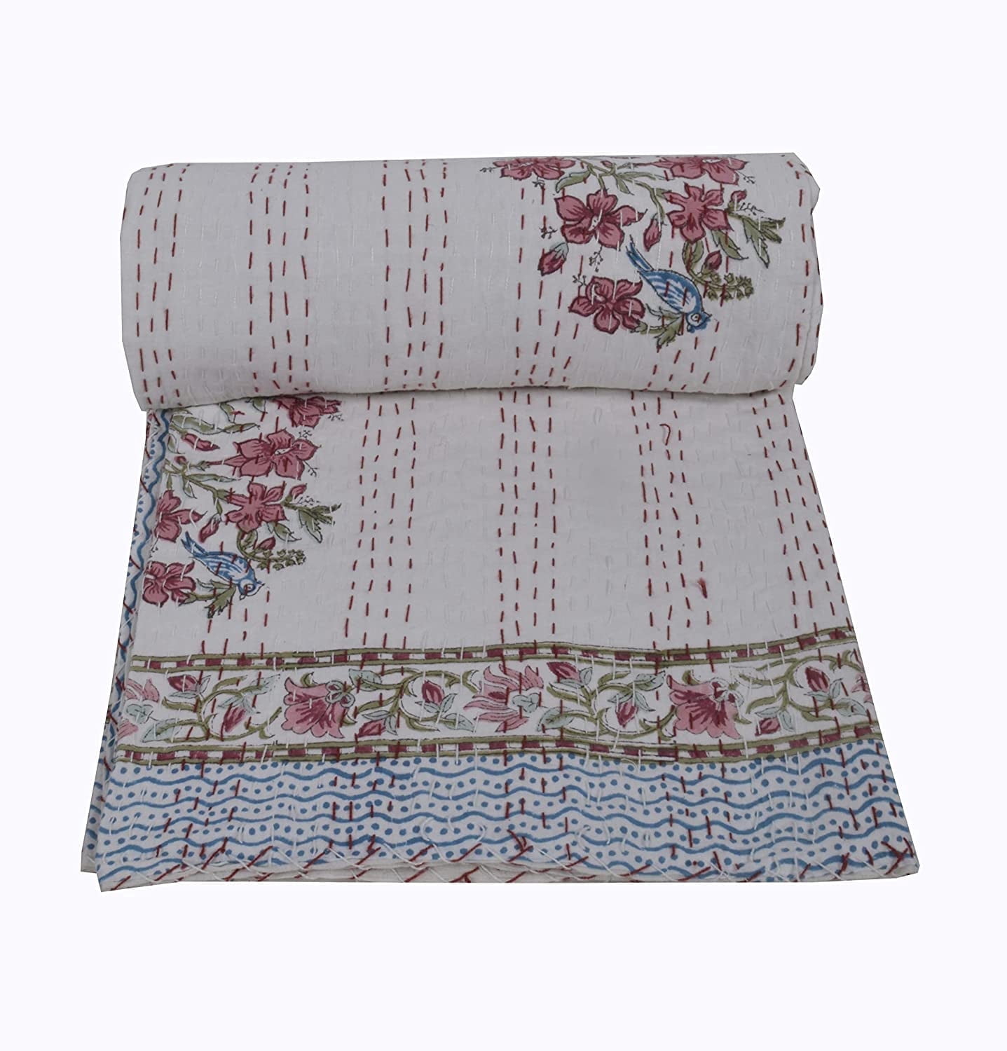 Indian Hand Block Print Kantha Quilt Kantha Throw Cotton Bedspread Indian Blanket Twin Size Quilt Kantha Bed over Cotton Quilt