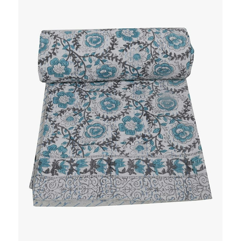 Lime Green Floral Hand Block Printed Cotton Kantha Throw -Double bed Size Lime Green Floral Hand Block Printed Cotton Kantha Throw -Double bed Size