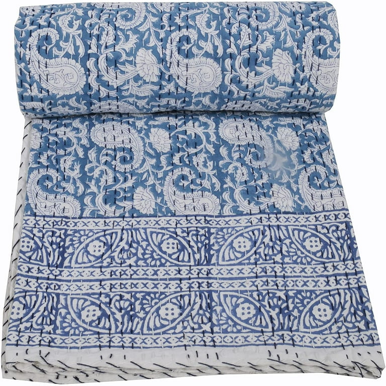 Lime Green Floral Hand Block Printed Cotton Kantha Throw -Double bed Size Lime Green Floral Hand Block Printed Cotton Kantha Throw -Double bed Size