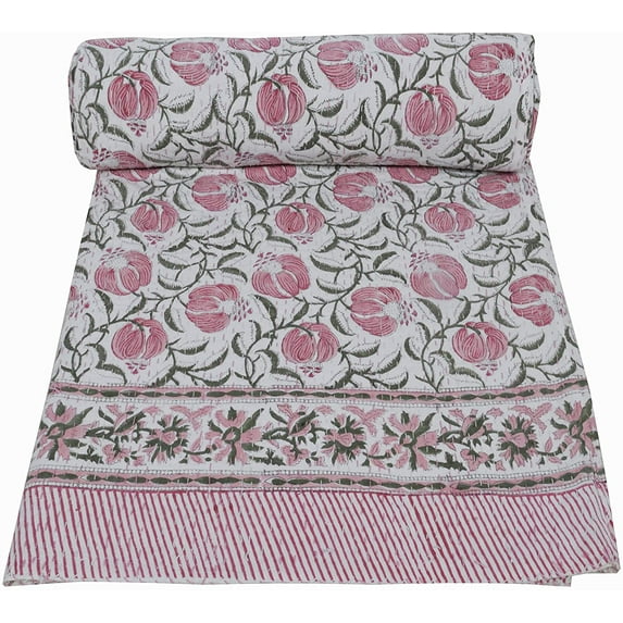 Yuvancrafts Kantha Floral Indian Handmade Cotton Bedspread, Twin