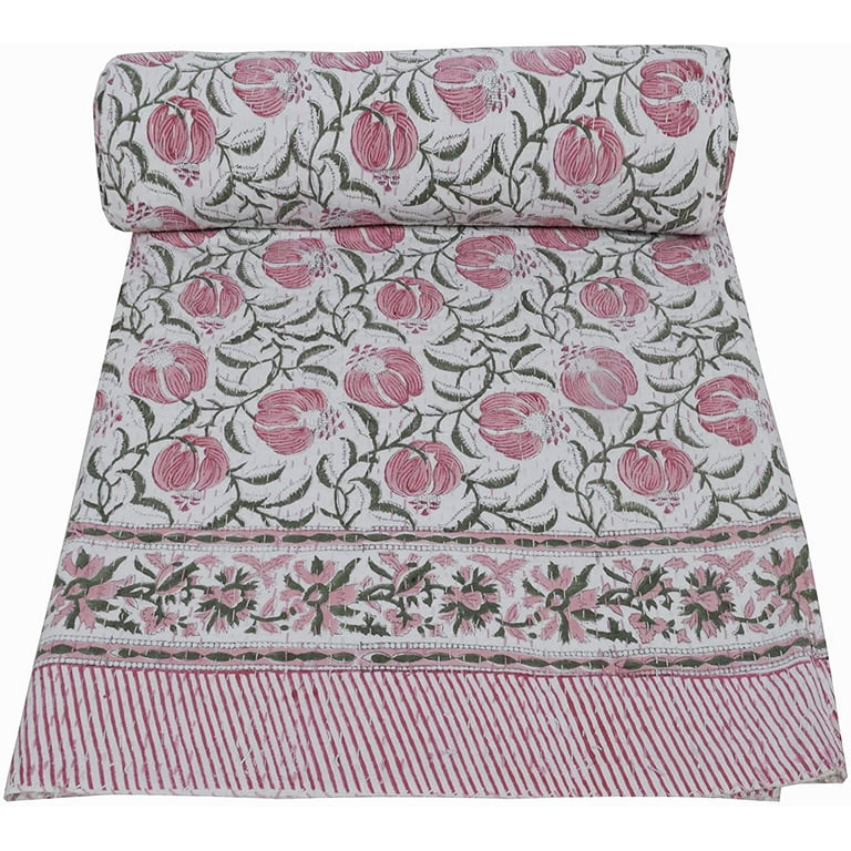 Lime Green Floral Hand Block Printed Cotton Kantha Throw -Double bed Size Lime Green Floral Hand Block Printed Cotton Kantha Throw -Double bed Size