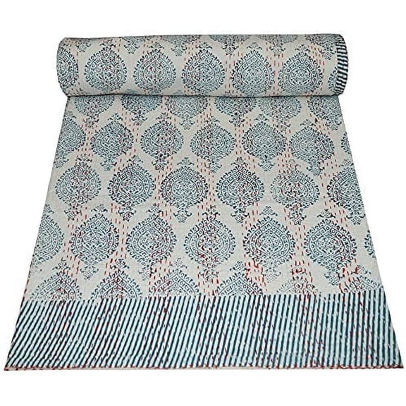 Yuvancrafts Elegant Flowers Hand Block Print Quilts, Queen - Breathable, 90108 In