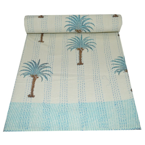 Indian Hand Block Print Kantha Quilt Twin Queen Size Vintage Look Kantha Throw Gudari Blanket Bedspread Coverlet Quilt Bedding Cover Palm Tree